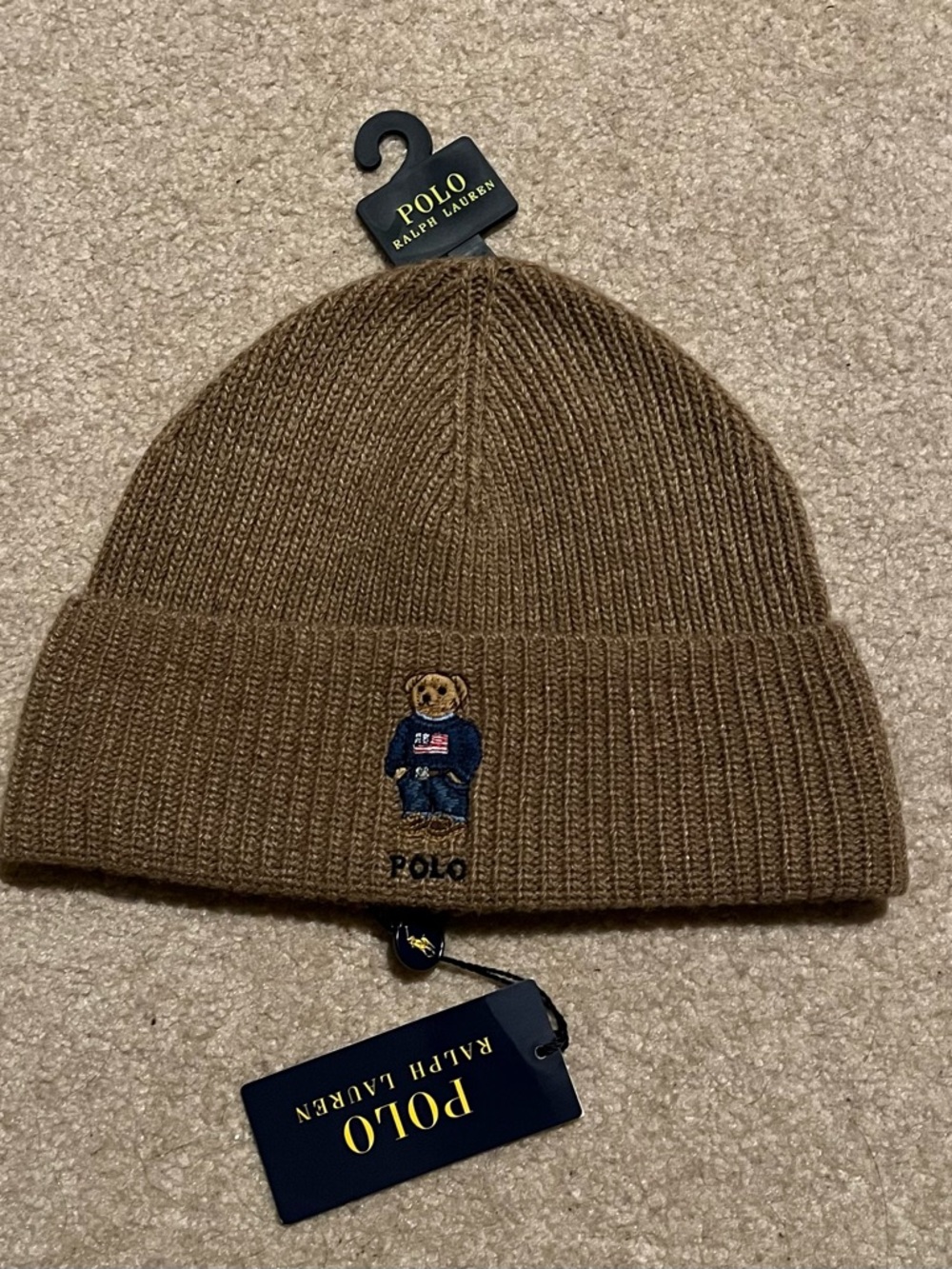 Polo Ralph Lauren Tan Ribbed Cuffed Beanie with Polo Bear